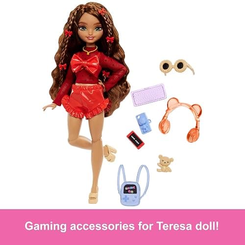 Barbie Dream Besties Playset, Teresa Posable Fashion Doll with Brown Hair & Hairstyling Clips, 10 Video Game-Themed Accessories thumbnail 3