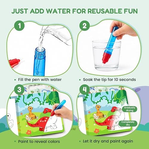 JoyCat Dinosaur Water Coloring Book for Toddlers, 13 Pages, No-Mess | Reusable color-reveal scenes for repeat play, Water pen with holder, Carry handle and closure band for travel, Gift for kids thumbnail 2