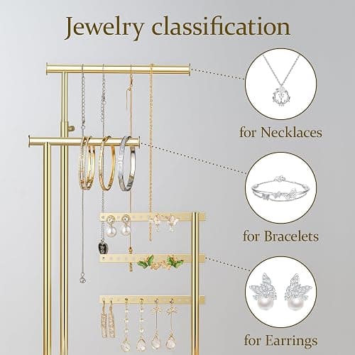 susswiff Jewelry Holder Organizer Stand - Adjustable Tall 17.5" (Max), Gift for Women, Mirrored Gold Jewelry Hanger for Necklaces, Earrings, Bracelets, Rings thumbnail 4