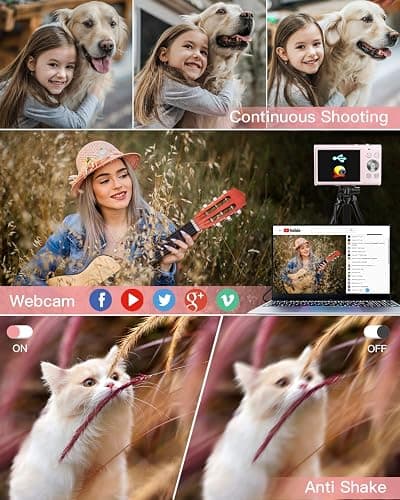 Sevenat Digital Camera 48MP 2.7K Compact Pink with 16X Zoom, Image Stabilization, Autofocus, 3" Screen, FHD 1080p Video, for Teens/Students thumbnail 3