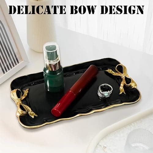 Warmtree Bow Jewelry Tray, Coquette Trinket Dish, Vanity Decor | Decorative Tray for Jewelry, Towel, Storage, Rings, Bracelets, Earrings, Cosmetics, Retro Design for Room Decor, Black thumbnail 7