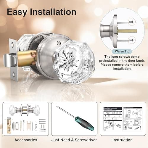 KNOBWELL Privacy Glass Door Knob for Bedroom and Bathroom, Vintage Clear Crystal Door Knobs with Lock, Crystal Interior Door Knobs with Victorian Plate Rosette, Satin Nickel, 2 Pack thumbnail 5