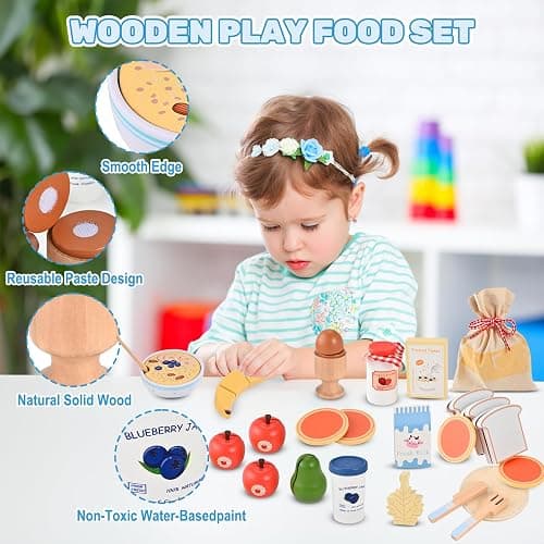 Wooderma Wooden Food for Play Kitchen 27 PCS Wooden Toddler Toys | Breakfast Pretend Play Set, Travel Toy Food Set for Kids' Kitchen Accessories Birthday Christmas Gifts for 3+ Year Olds thumbnail 6