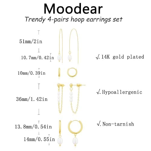 Moodear Gold Hoop Earrings for Women No Tarnish - Dainty Pearl Drop Dangle Huggie Hoops Trendy Earring Sets for Multiple Piercing Hypoallergenic Jewelry Gift thumbnail 5