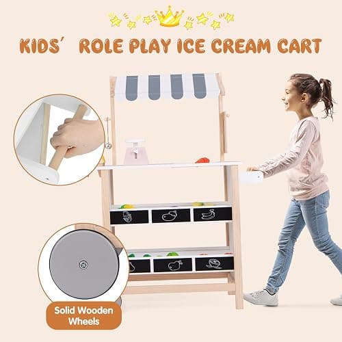 HONEY JOY Kids Ice Cream Cart, Wooden Grocery Store Playset w/6 Pieces Play Food, Realistic Bell & Food Scale, Chalkboard, Pretend Play Dessert Shop Counter Stand Truck, Gift for Boys Girls thumbnail 7