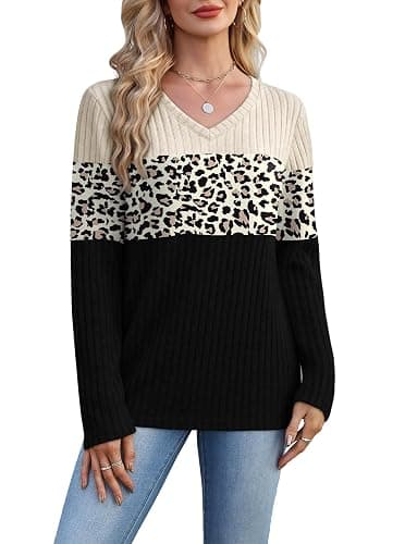 WIHOLL Womens Sweaters Trendy Tops Long Sleeve Shirts Fall Outfits Fashion | 2026 Fall Clothes, V Neck, Color Block, Lightweight, Cute, Soft thumbnail 5