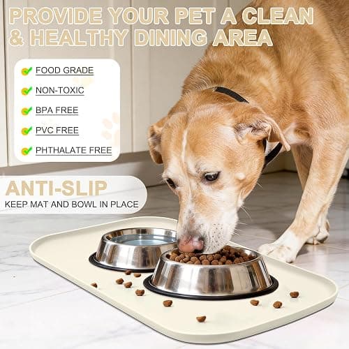 SMILOOL Silicone Pet Food Mat with Raised Edge for Food and Water Bowl, Dog Feeding Mats, Cat Food Trays for Floor Waterproof, Rubber Tray for Dogs and Cats, 19 x 12 x 0.7 White Sand thumbnail 3