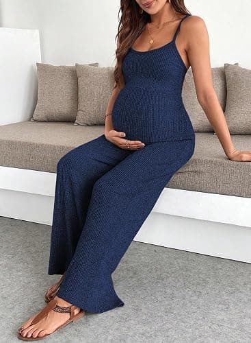 BLENCOT Maternity Ribbed Jumpsuit Stretchy One Piece Wide Leg Romper | Women's Sleeveless Square Neck Adjustable Strap High Waist Casual Lounge Sets Pregnancy Clothes Fashion 2026 thumbnail 8