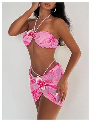 SOLY HUX Women's 3 Piece Swimsuit Floral Halter Bikini Set Beach Vacation Bathing Suit with Drawstring Cover Up Skirt thumbnail 4