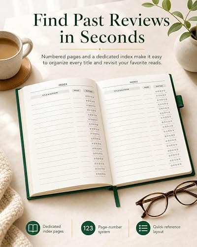 JXSELECT Elegant Reading Journal - 60 Book Reviews Logbook with Pen Holder & Back Pocket - Track Your Reading Progress - Ideal Gift for Book Lovers & Avid Readers (Earth Green) thumbnail 7