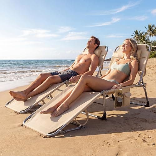 COSTWAY Tanning Chair with Face Hole, Folding Beach Lounge Chair with 4-Position Adjustable Backrest, Pillow & Side Pocket, Foldable Chaise Lounge Chair Outdoor for Sunbathing, Camping (1, Beige) thumbnail 4