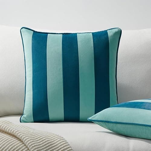 MONDAY MOOSE Decorative Throw Pillow Covers Cushion Cases, Set of 2 Soft Velvet Striped Piping Edge Designs, Pillow Inserts Not Included (16x16 inch, Blue/Light Blue) thumbnail 5