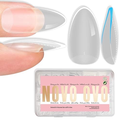 NOVO OVO Medium Almond Nail Tips Extra Thick Press on No C Curve, Soft Gel Natural Fake Nail Extension, Full Cover Clear False Nails for Acrylic, French Manicure Salon DIY x 14 Sizes 224 pcs - Image 1