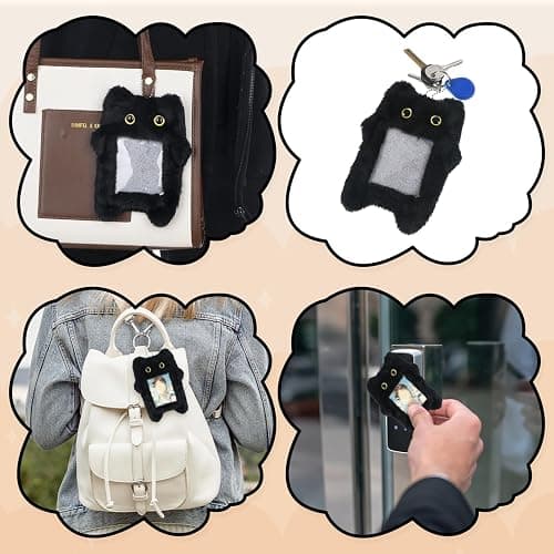 Tweruna Black Cartoon Plush Photocard Holder Keychain, Cute Cartoon Cat Photo Card Holder Keychain, Soft Plush Photo Card Holder for ID Card Cover Photo Protective Bag Pendant Decor thumbnail 7