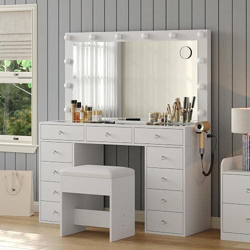 FUSOU Vanity Desk with Power Outlet, Makeup Vanity with Mirror and 12 LED Lights, 3 Lighting Modes,11 Drawers Vanity Table with Chair, Glass Top, Dressing Table for Bedroom,Dressing Room, White thumbnail 6