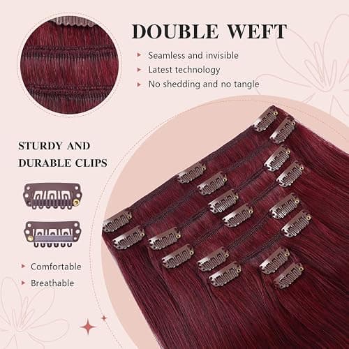YILITE Clip in Extensions Echthaar 35cm 100% Echthaar Extensions Clip 14 Zoll 8 Stück 110g Unsichtbar Glatt Zum Anklippen Menschenhaar Doppelt Genäht (35cm #99j Burgunderrot) thumbnail 2