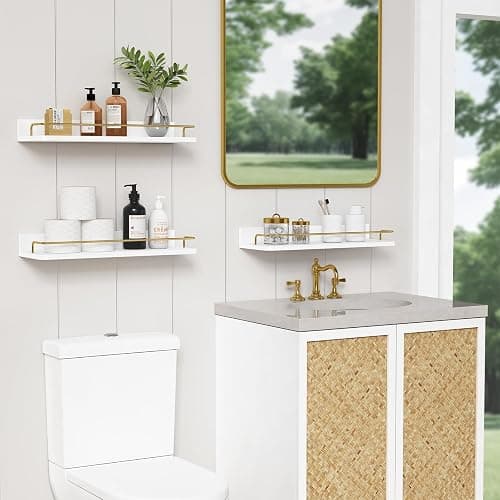 Forbena Gold Floating Shelves for Wall Decor Set of 3, Bathroom Shelves Over Toilet, Modern Display Wall Shelf with Guard Rail for Living Room Bedroom Organizers and Storage - White and Gold thumbnail 2