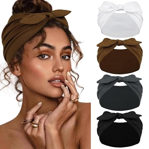 Huachi 4 Packs Bow Headbands for Women Girls, Wide Head Bands for Women's Hair Non Slip Soft Elastic Hair Bands, African Thick Workout Gym Turban Bandanas Head Wraps Hair Accessories (Fashion) - Image 1