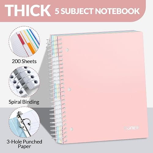SUNEE 5 Subject Notebook College Ruled - 400 Pages, 9"x11", 5 Pocket Colored Dividers, 3-Hole Punched Paper, Pink thumbnail 3