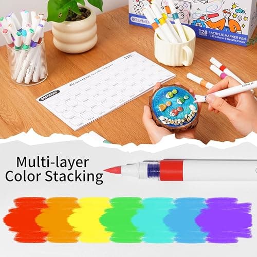 ROSYMENG Acrylic Paint Markers, 120 Colors + 8 Metal Colors - Large Ink Capacity, High Coverage with Brush Tip Acrylic Paint Pens, Suitable for Wood, Glass, Rock, and Fabric - Student School Supplies thumbnail 3