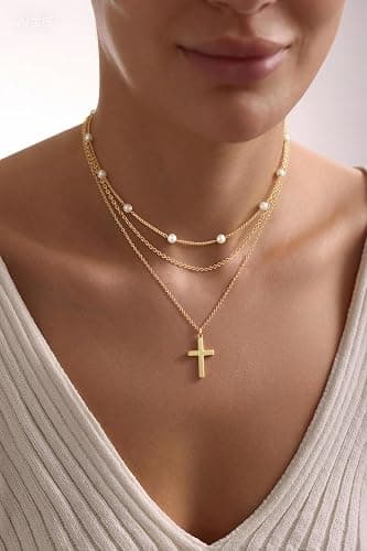 Reuscol Gold Cross Necklace for Women, Dainty 14K Gold Plated Cross Pendant Necklace Non Tarnish Gold Layered Necklace Stack Christian Baptism Religious Faith Jewelry Christmas Gifts for Women thumbnail 3