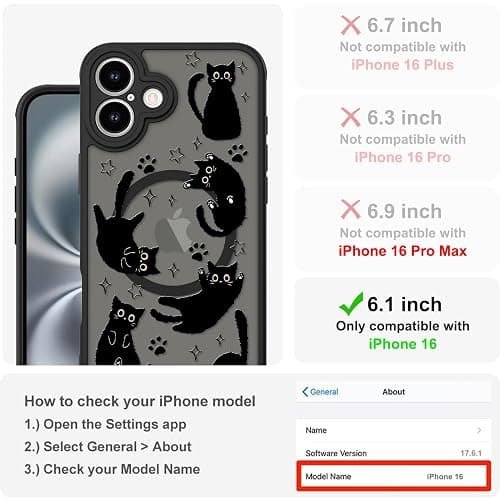 Heaofei Cute Magnetic Case for iPhone 16 Case [ Compatible with MagSafe ] with Black Cat Cats Pattern Design for Women Girls Boys, Soft Bumper Hard Back Kawaii Animal Protective Phone Cover thumbnail 2