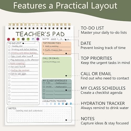 Newkita Teacher To Do List Notepad, 8.3x5.8 Inch Teacher Notepad, Spiral Checklist Notebook for Class Schedules, Daily Planner, School Tasks and Goal Setting (Green) thumbnail 3