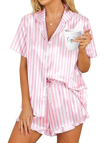 HOTOUCH Womens Satin Pajamas Set Button Down 2 Piece Silk Pjs Shorts Set Ruffle Lingerie Notch Collar Sleepwear - Image 1