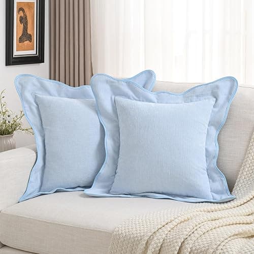 FUTEI Light Blue Decorative Throw Pillow Covers 18x18 Inch Set of 2,Double Stitch Scalloped Bordered Soft Chenille Cushion Cases,Modern Home Decor for Couch Bed Living Room - Image 1