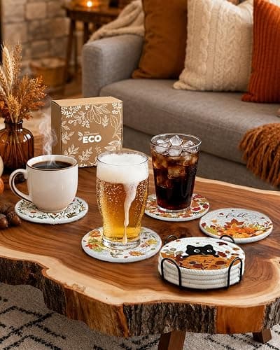 Kokaaee 4pc Braided Cotton Coasters Set, Fall Cat & Pumpkin Decor | 4.3",Absorbent,Heat-Resistant,with Holder,Woven Cloth Fabric,for Drinks Coffee Home Office Party Desk Table thumbnail 2