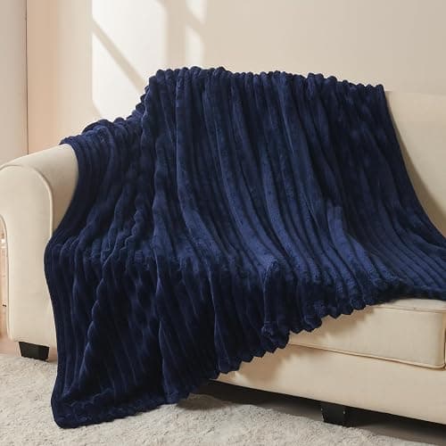 NEWCOSPLAY Super Soft Throw Blanket Dark Navy Premium Silky Flannel Fleece 3D Ribbed Jacquard Lightweight Bed Blanket All Season Use (Dark Navy Ribbed, Throw(50"x60")) thumbnail 4