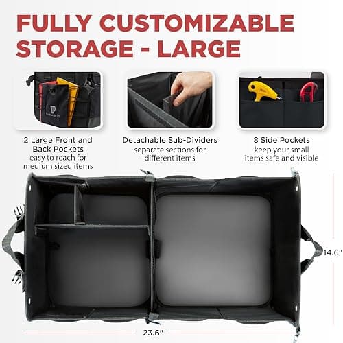 TRUNKCRATEPRO Trunk Organizer For Car, Suv, Truck | Premium Adjustable Multi Compartments Collapsible Car Trunk Organizer With Securing Straps & Non-Slip Bottom (Large Size, Black) thumbnail 2