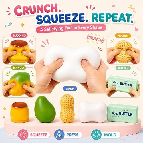 5 Pack Crunchy Squishy Asmr Squishies Feel, Crunchy Squeeze Stress Ball | Butter Peanut Pudding Mango Soap Crunchy Squishy Realistic Non Rebound Moldable Party Favor Gifts for Adults thumbnail 3