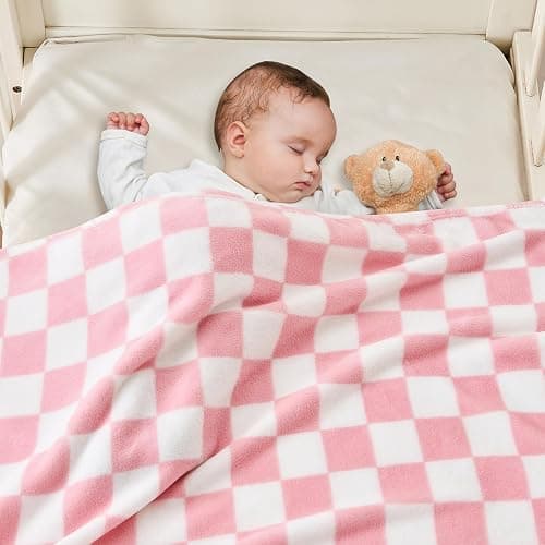 Yurhap Checkered Baby Blanket for Girls Pink Fleece Baby Blankets for Girls Boys, Warmer Comfort Lightweight Bed Blanket for Toddlers Infants or Newborn, 30''x40'', Pink thumbnail 5