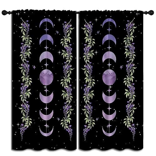 Purple Boho Floral Flower Rod Pocket Blackout Curtains for Boy Girl Bedroom,Moon Phase Moonlit Garden Witchy Gothic Aesthetic Light Filtering Window Drapes for Living Room Home Decor Privacy,42x63in - Image 1