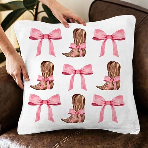 QROZIAR Preppy Coquette Pink Bow Cowgirl Pillow Covers, Trendy Western Decorative Throw Pillow Covers 18x18, Cowgirl Aesthetic Room Decor Pillow Cases for Home Bedroom Couch Girls College Dorm thumbnail 4