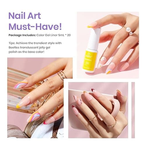 beetles Gel Polish Nail Art Gel Liner Nail Polish Set- 20 Colors Liner Gel Polish Pink Blue White Red Brown Glitter Gel Nail polish Soak Off UV Gel Built Thin Nail Brush in Bottle Gifts for Women thumbnail 3