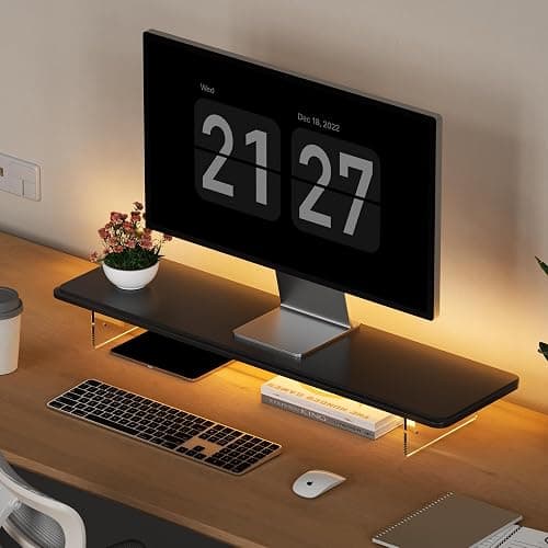 AFOOYO Monitor Stand Riser,31.5-Inch LED Light Wood Computer Monitor Stand with Adjustable Acrylic Legs,Desk Accessories Desktop Organizer Stand for, Computer,Laptop,Printer,PC TV Screen Riser,Black - Image 1
