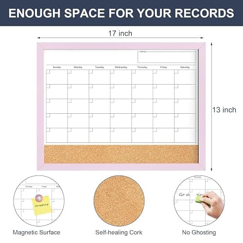 Dry Erase Calendar Cork Board Combo, 17x13 Inches Calendar Whiteboard for Wall, Small Magnetic White Board with Pink Wood Framed, Dry Erase Board for Planner Office Kitchen Home Memo thumbnail 3