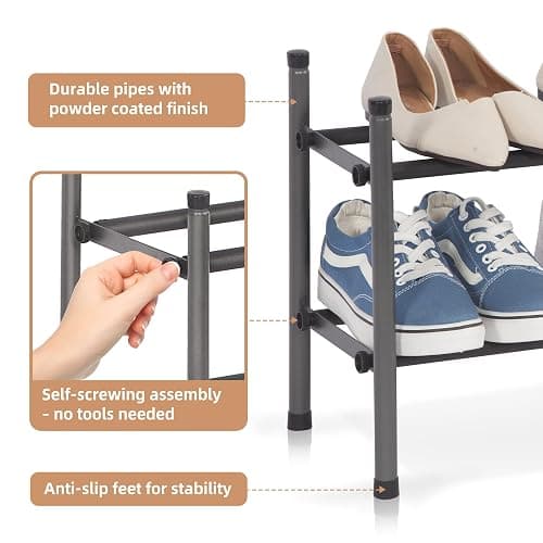 STORAGE MANIAC Expandable Shoe Rack, 8 Pairs Stackable Small Shoe Rack, Metal Adjustable Shoes Organizer for Closet, Entryway, Hallway, Garage, Front Door, Shoes Shelves, Black 2 Tier thumbnail 5