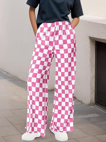 WSPLYSPJY Women's Casual Checkered Pants Elastic Waist Comfy Loose Wide Leg Pants with Pockets,XS - XXL thumbnail 2
