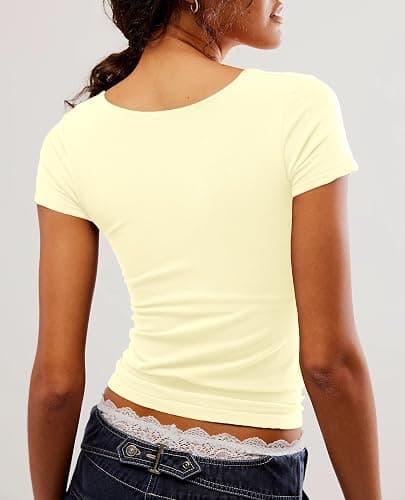 BAIGRAM Women Square Neck Crop Top Short Sleeve T Shirts Slim Fitted Going Out Tops Y2K Cute Summer Basic Tees Trendy thumbnail 2