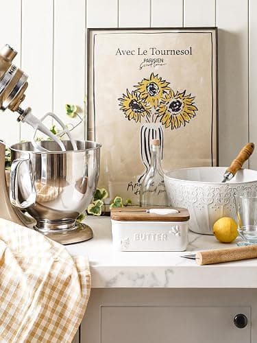 LE TAUCI Butter Dish with Lid for Countertop, Ceramic Butter Container, Embossed Butter Keeper with Acacia Wood lid, Knife, and Airtight Cover, Farmhouse Decor - Set of 1, Arctic White, Bee Pattern thumbnail 2
