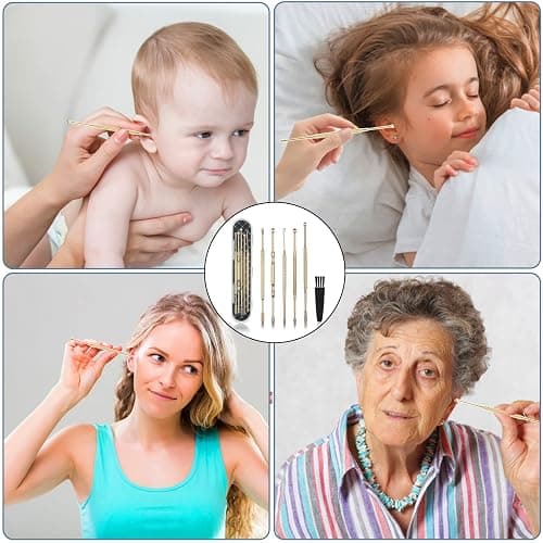 Hion 6 Pcs Extended Ear Wax Removal Kit,Professional Double-Headed Ear Pick Earwax Removal Tools,316L Stainless Steel Ear Cleaner Curette with Cleaning Brush and Storage Box,Suit for Kid Adult(Gold) thumbnail 7