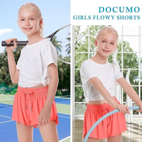 Girls Flowy Shorts Butterfly Shorts for Kids with Pocket 2-in-1 Athletic Shorts Running Shorts for Girls - Medium - Light Red# Girls thumbnail 4