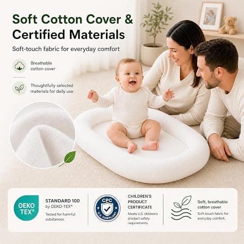 Mapotf Baby Lounger for Newborns 0-24 Months - Baby Essentials | Soft Breathable Cotton Infant Support Cushion for Tummy Time & Play, Portable Infant Lounger - Cloud White (Cover Included) thumbnail 3