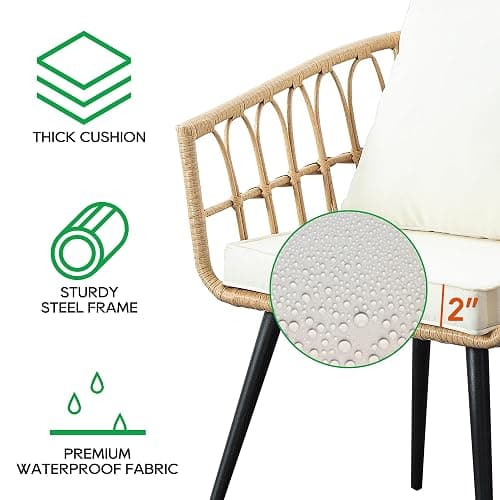 PORWEY 3 Piece Patio Bistro Set, Outdoor Wicker Apartment Balcony Furniture Sets, Rattan Table and Chairs Set of 2 for Porch Backyard Lawn Poolside Deck, Beige thumbnail 5