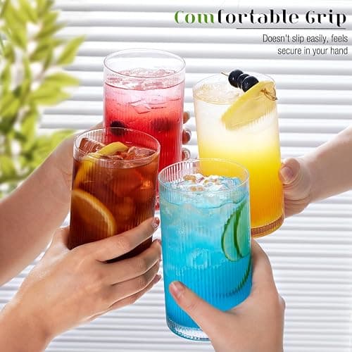 LUNA & MANTHA Drinking Water Glasses Set, Lead-Free Crystal Highball Glass, Tall Glass Cups for Cocktail Parties,ribbed set of 8,17oz&12oz thumbnail 7