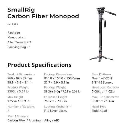 SmallRig 68.9"/ 175cm Carbon Fiber Video Monopod for Camera | One-Button Lift & Lock, Video Fluid Head Max. Playload 5kg/ 11lb, Adjustable Height 30" - 69", for DJI RS and for MFT 501L thumbnail 9