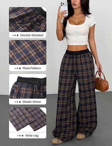 Wyeysyt Women Plaid Pants Gingham Pajama Pants Baggy Sweatpants | Wide Leg Pants, Elastic Drawstring Sweatpants, Fall Winter Casual Pants thumbnail 5